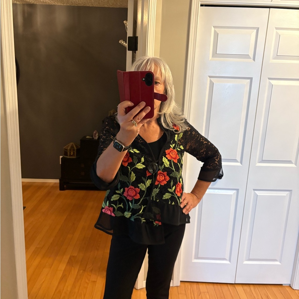 Joseph Ribkoff Black Lace Jacket with Red and Green Floral Design - Picture 4 of 7